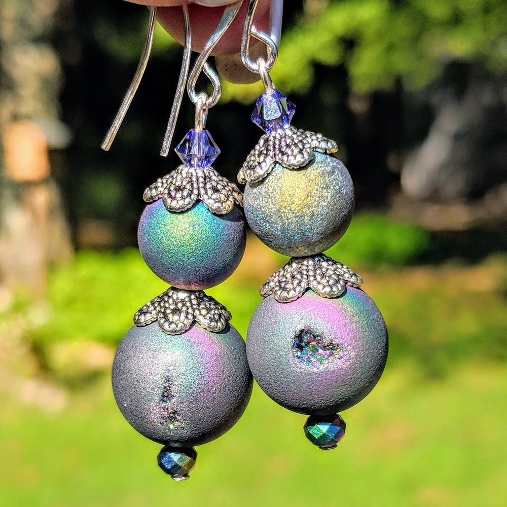 Rainbow druzy beads and Swarovski crystal